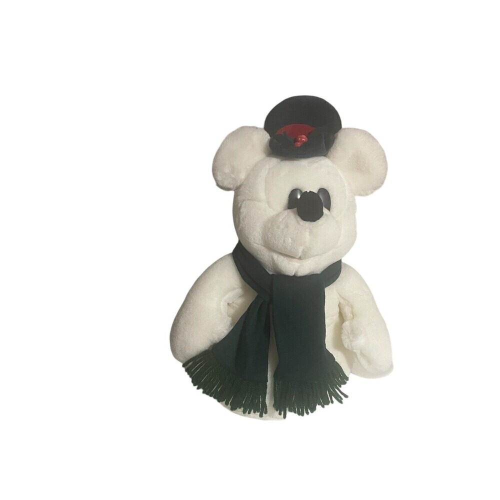 Vintage White Mickey Mouse Snowman Plush 15" Disney World Green Red Scarf Holly